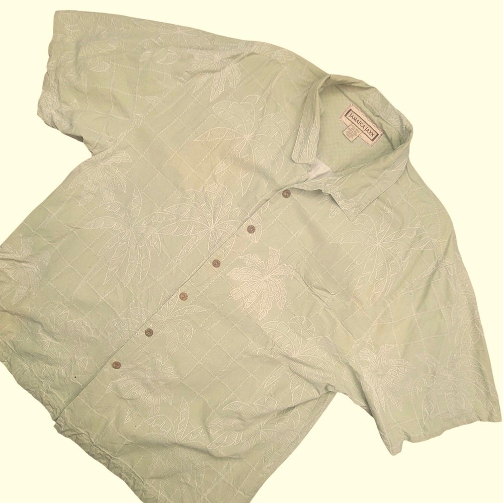 Jamaica‎ Jaxx Mens XXL Silk Jacquard Palm Tree Button Front Shirt Sage Green